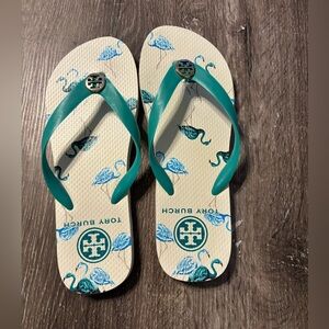 Tory Burch Teal-Strap Flamingo Print Flip Flops Size 8